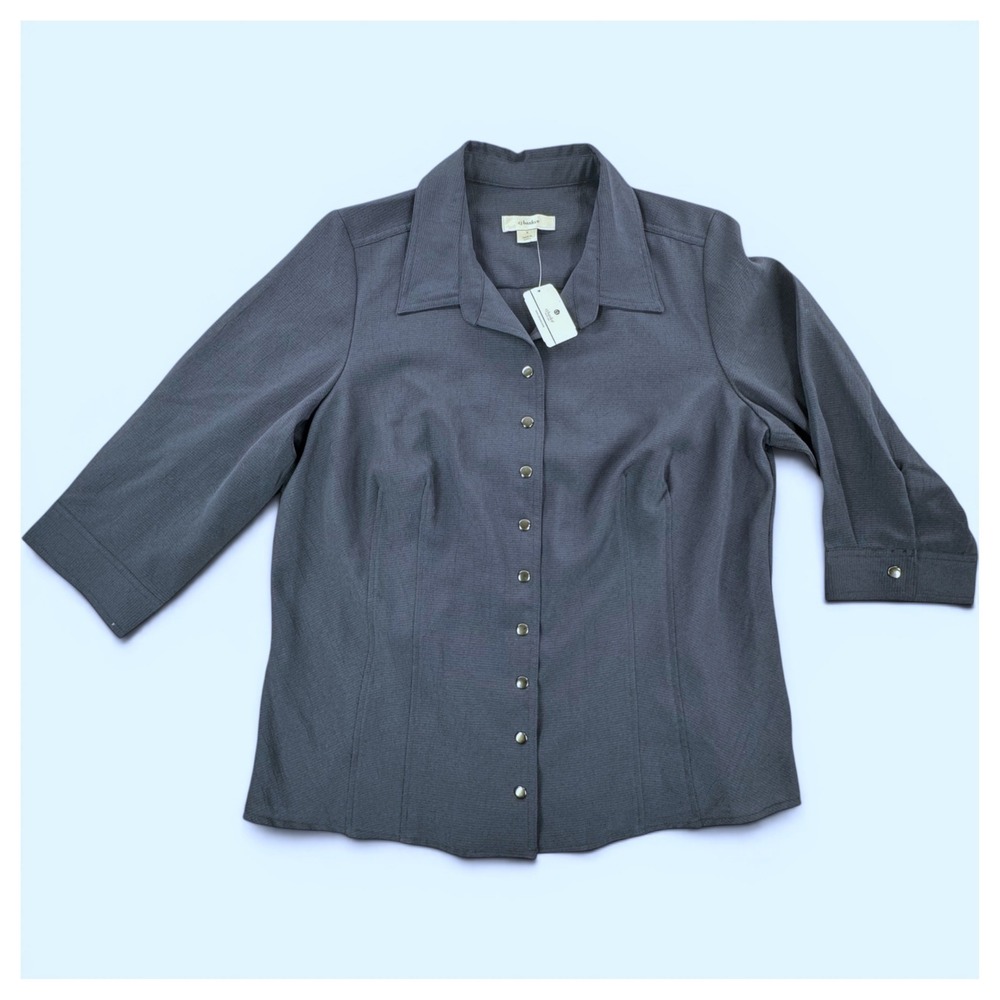CJ Banks Womens XL Dark Gray Textured 3/4 Sleeve Snap Front Blouse NEW